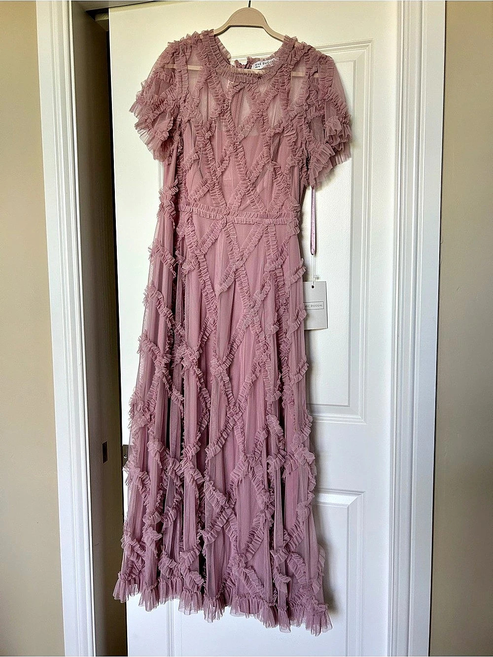 Mac Duggal Short Sleeve Micro Ruffle Midi Dress Dusty Rose Medium